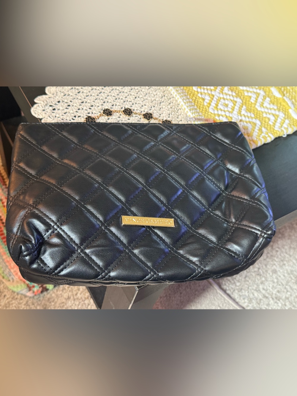 Vince Camuto Black Quilted Wristlet Clutch with Gold Plaque